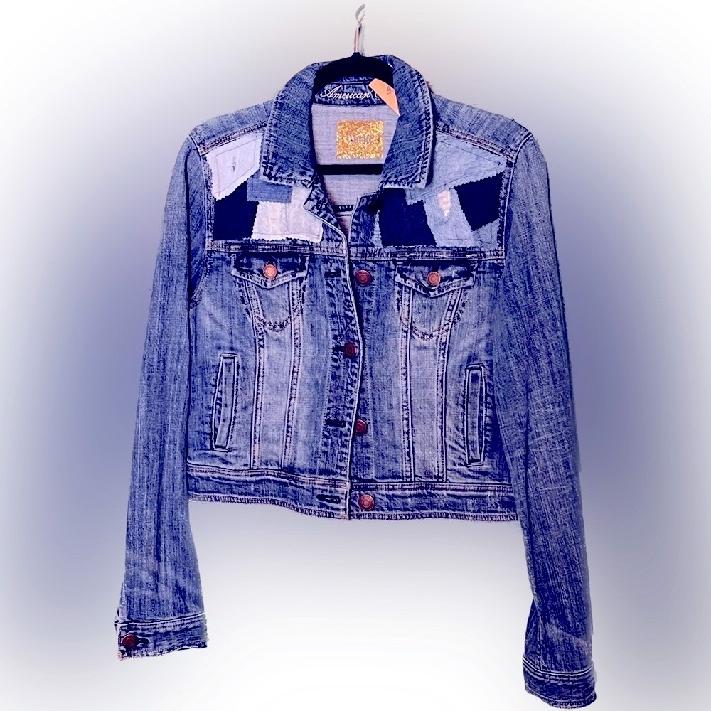 Jean Jacket Upcycled with a variety of jean materials.